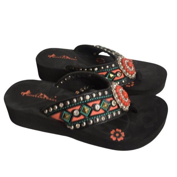 Montana West Shoes Womens Size 8 Black Wedge Flip Flop Sandals Rhinestone - Picture 2 of 10